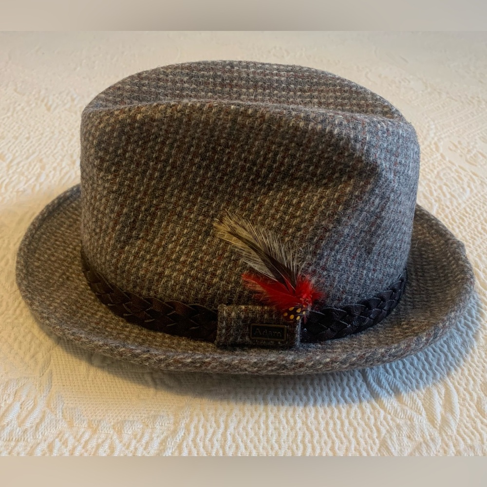 Vintage “Adam” Gray & Brown Wool Tweed Fedora Hat 7 1/8 Deck Style Dapper Unisex